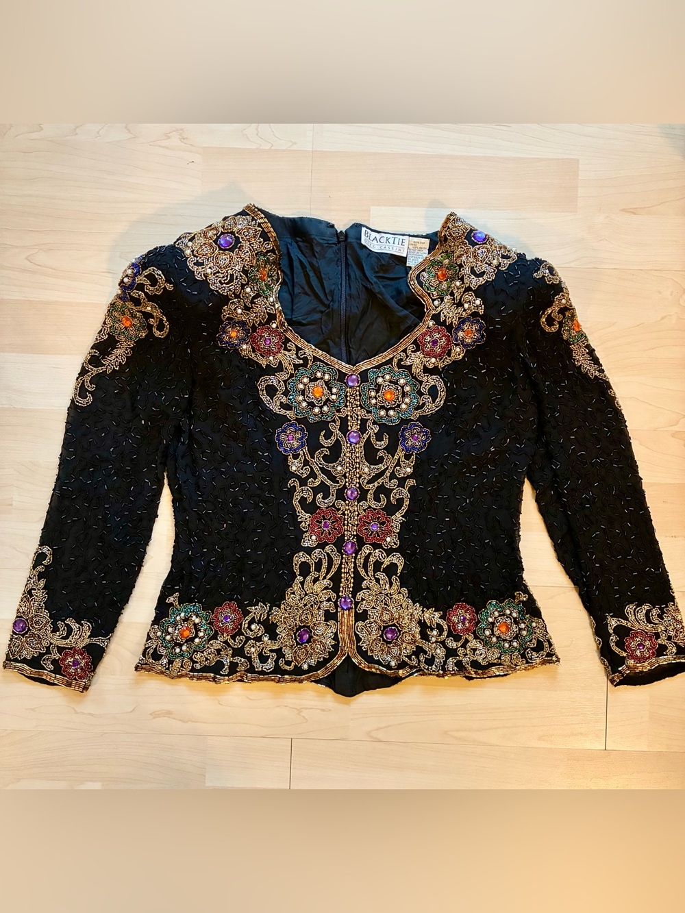 Black Tie Oleg Cassini Vintage Women's Black Zip Jacket L Lined Floral Beaded